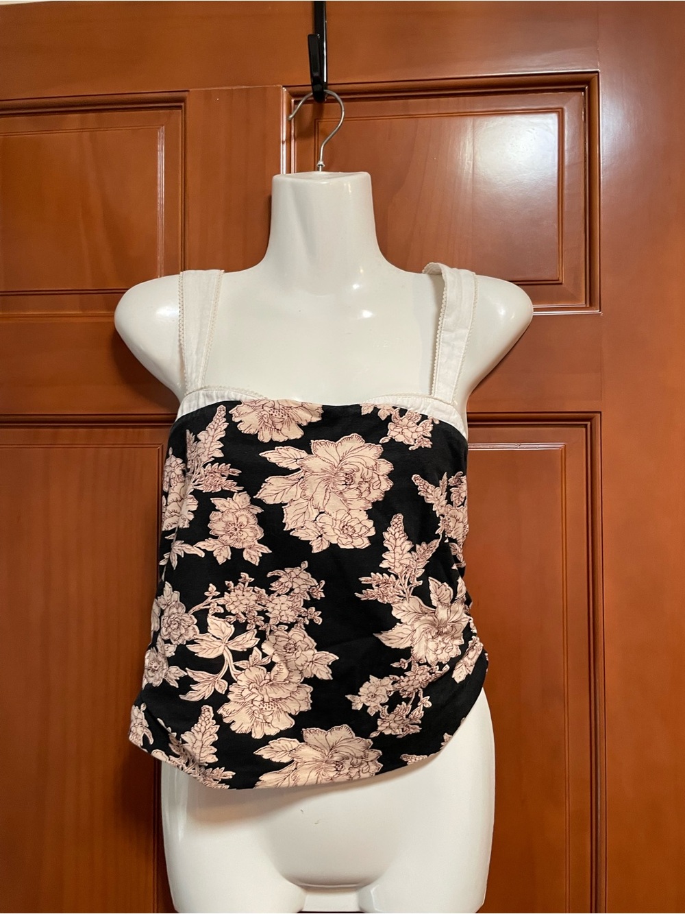 Free People Crinkle Black Tank with Cream & Tan Floral Print